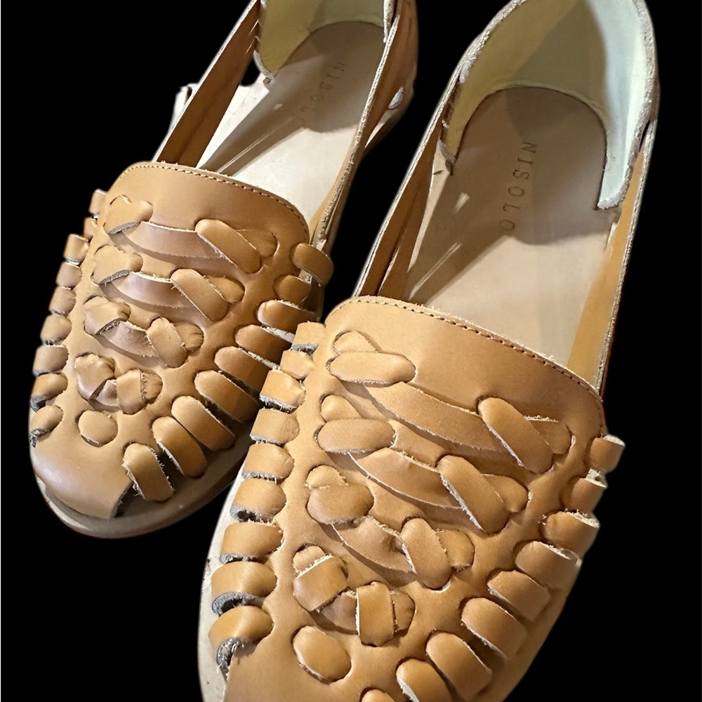 Nisolo Tan 100% Leather Huarache Sandal Flats with Woven Design